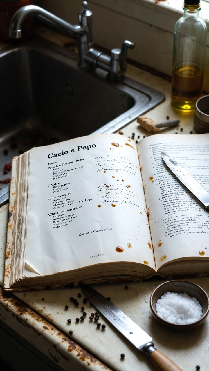 An open, well-used cookbook page with a recipe for cacio e pepe